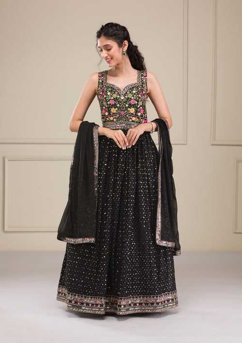 Black Threadwork Georgette Gown