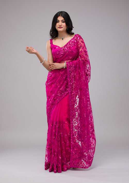 Magenta Pink Sequins Net Saree