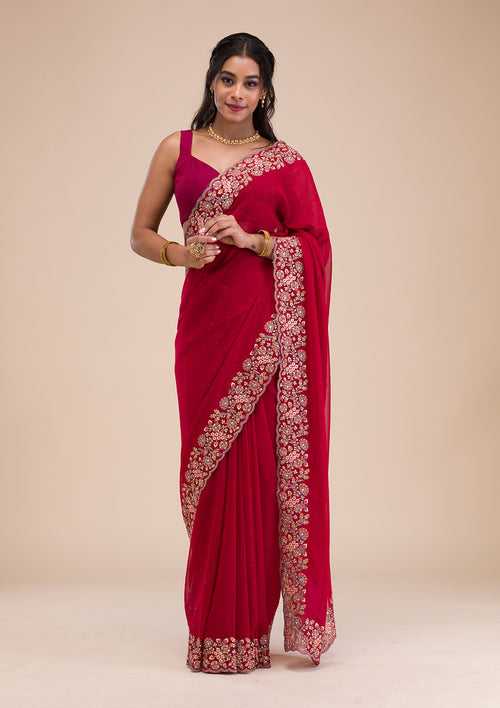 Maroon Threadwork Georgette Saree