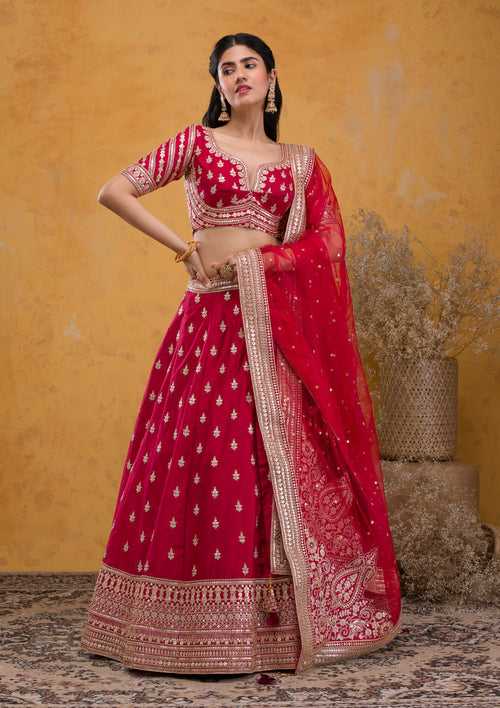 Maroon Zariwork Raw Silk Semi Stitched Lehenga