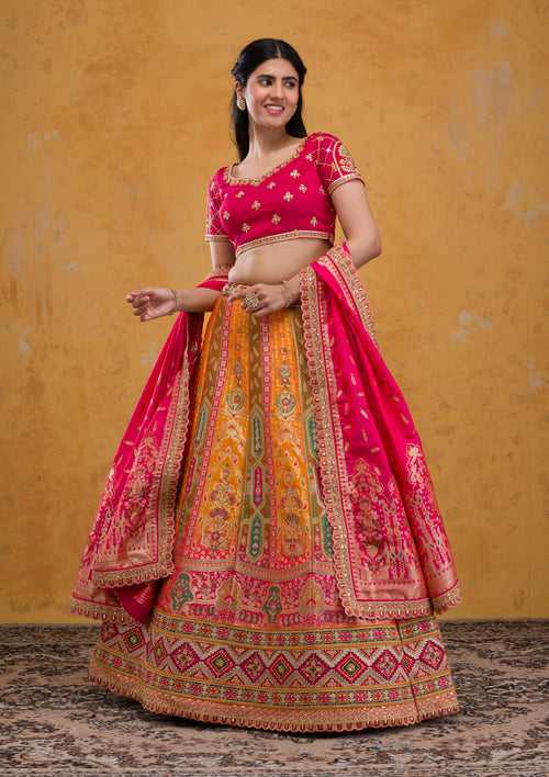 Mustard Zariwork Banarasi Semi Stitched Lehenga