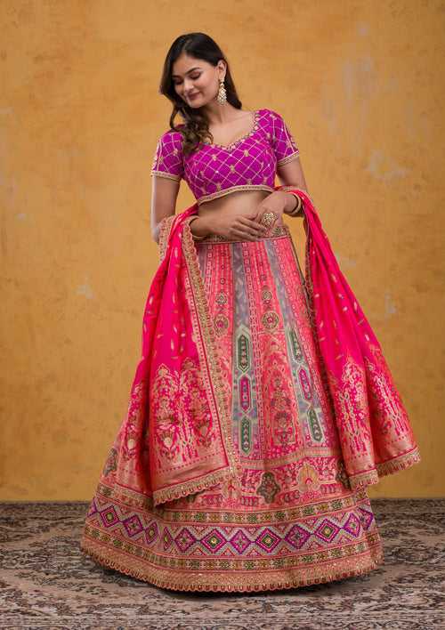 Rani Pink Zariwork Banarasi Semi Stitched Lehenga