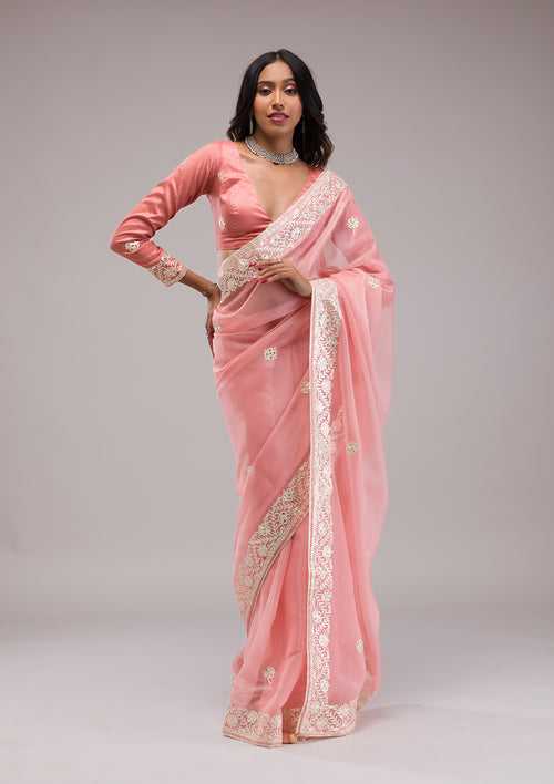 Peach Zariwork Semi Crepe Saree