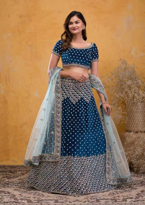 Peacock Blue Stonework Velvet Semi Stitched Lehenga