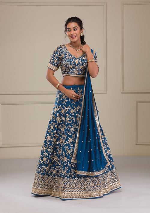 Peacock Blue Zariwork Raw Silk Readymade Lehenga