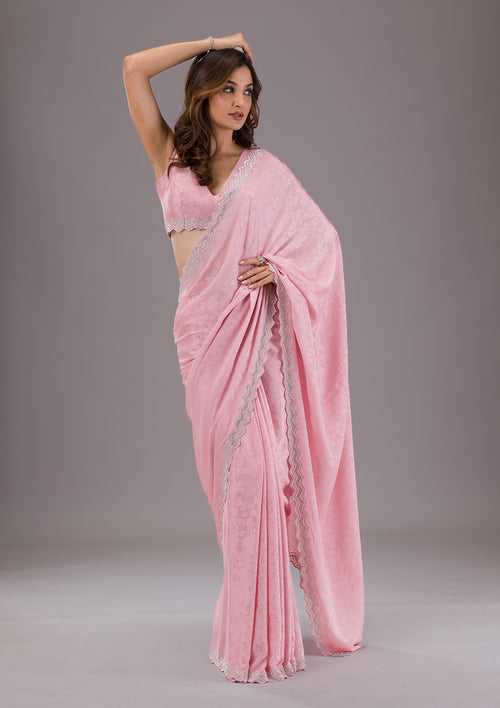 Pink Stonework Semi Crepe Saree