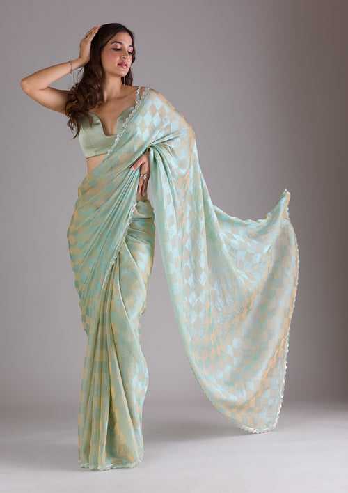 Pista Green Stonework Semi Crepe Saree