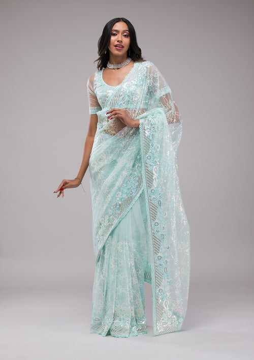 Sky Blue Sequins Net Saree