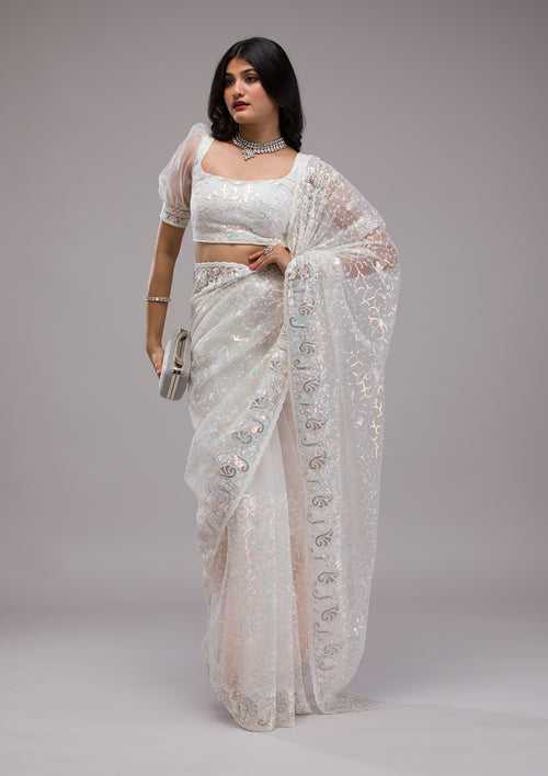 White Sequins Net Saree