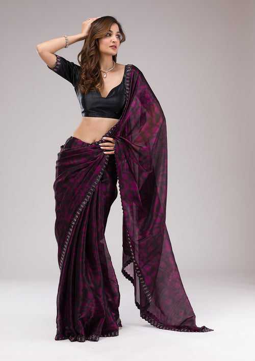 Wine Printed Organza Saree