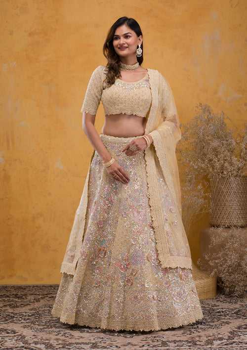 Yellow Threadwork Net Semi Stitched Lehenga