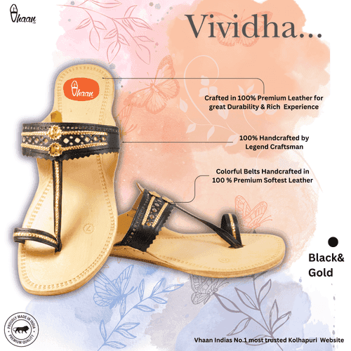 Black & Gold Color Soft Kolhapuri Chappal for women by vhaan