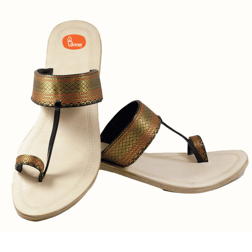 Golden Black Paithani Kolhapuri Chappal For Ladies