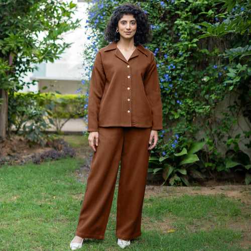 Brown Warm Cotton Waffle High-Rise  Elasticated Pant