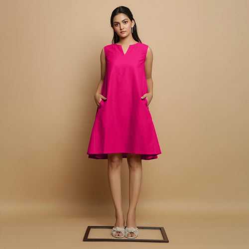 Pink Cotton Poplin Hand Embroidered Knee-Length Godet Dress