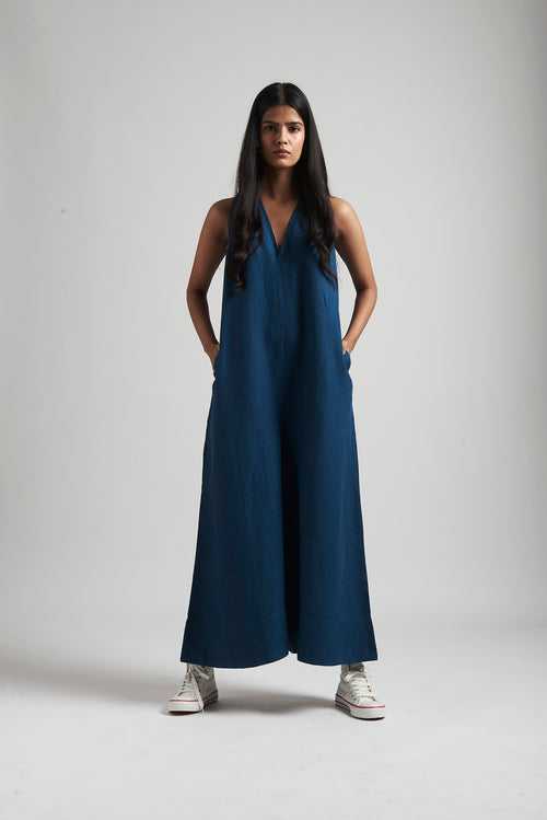 Indigo Linen Flared Jumpsuit