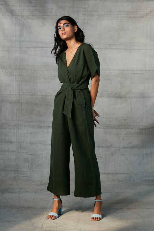 Khaki Linen Wrapped Jumpsuit