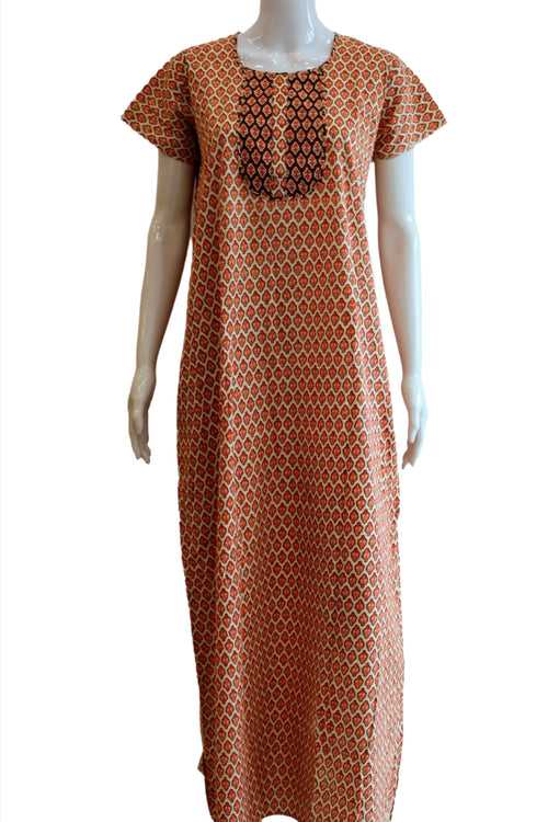 Pure Cotton Printed Maxi Night Dress with Pocket  | Medium