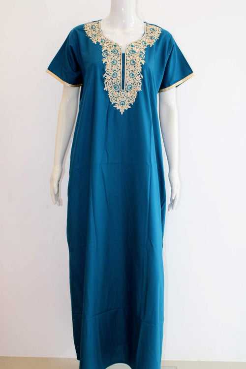 Cotton Slub Maxi NIght Dress with Pocket and Yoke Thread Works | Large