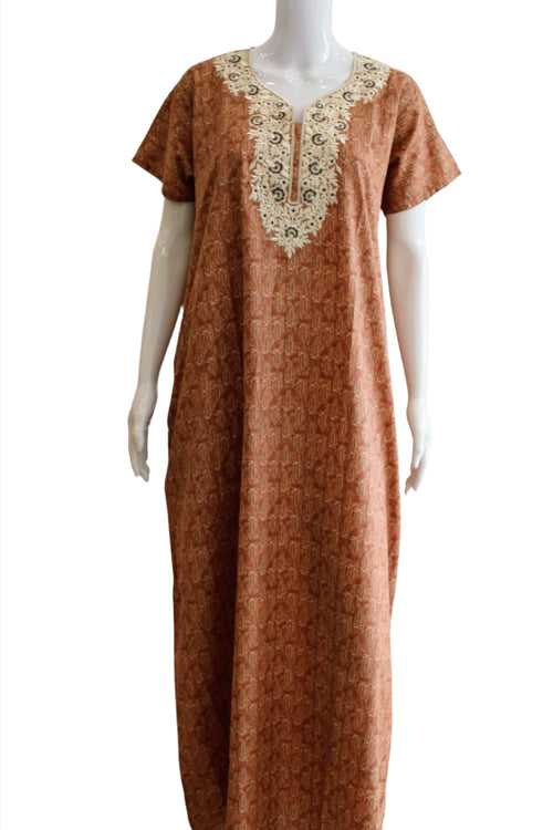 Cotton Maxi NIght Dress with Pocket and Yoke Thread Works | Large