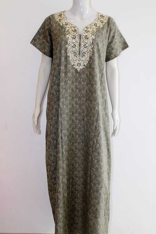 Cotton Maxi NIght Dress with Pocket and Yoke Thread Works | Large