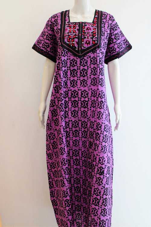 Pure Cotton Maxi NIght Dress yoke thread & mirror work with Pocket  | XL