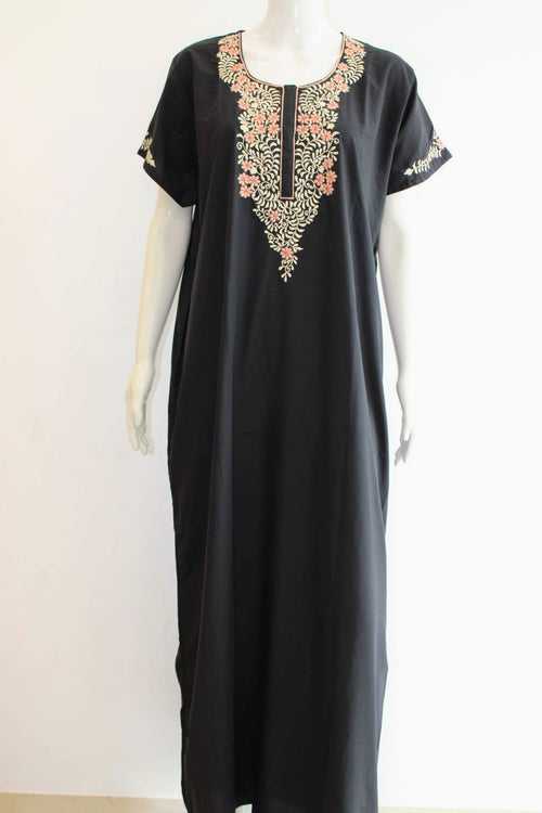 Cotton Slub Maxi NIght Dress with Pocket and Yoke Thread Works | XL