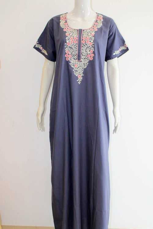 Cotton Slub Maxi NIght Dress with Pocket and Yoke Thread Works | XL