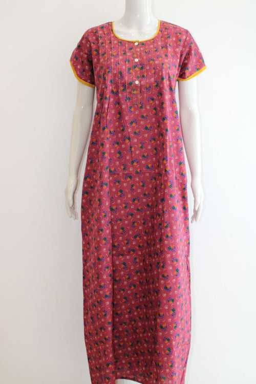 Cotton Printed Maxi night dress with pocket | medium