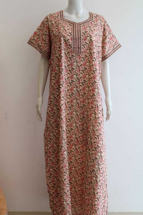 Cotton Printed Maxi night dress with pocket | XL