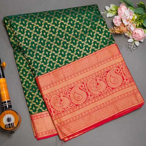 Bottle green pure soft silk brocade saree