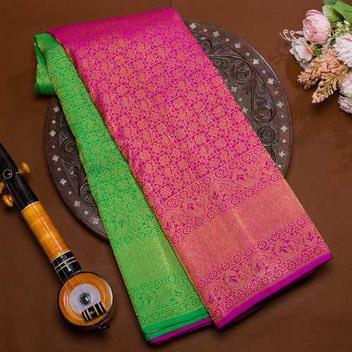 Green with Pink Skirt Border Kanjivaram Brocade Silk Saree