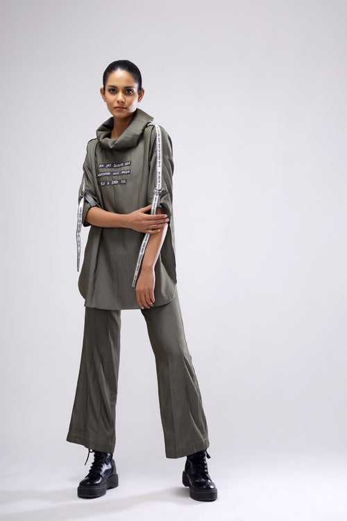 Olive Flair Pant And Cowl Top Set