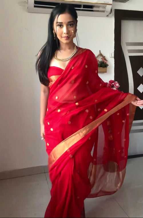 Red Chanderi Saree with zari bootis all over