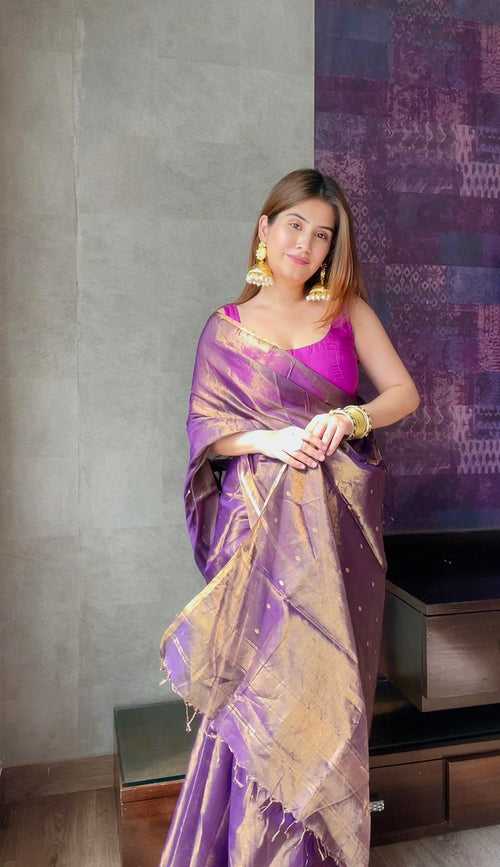 Dark Purple & Gold Maheshwari Tissue Silk Saree with Zari Bootis all over