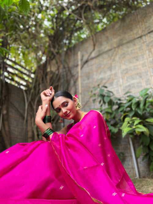 (Shop the look) Rani pink chanderi silk saree with flower bootis all over