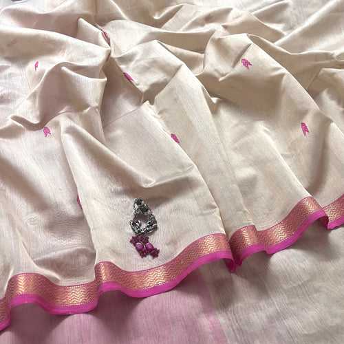 Beige and pink Maheshwari saree with resham bootis all over