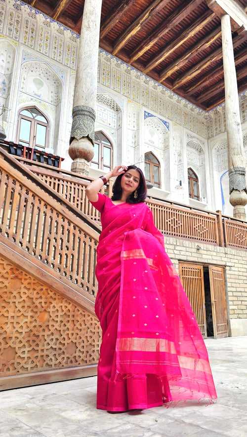 (Shop the look) Pink maheshwari saree with zari bootis all over