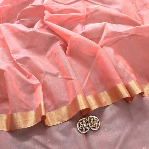 Peachish pink and blue chanderi saree with Zari bootis all over