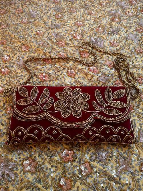 Maroon embellished velvet purse