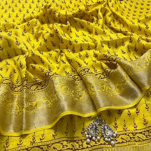 Yellow and maroon bagh print banarasi saree with zari border