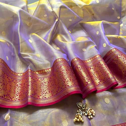 Mauve gold and red chanderi katan silk saree with zari bootis all over