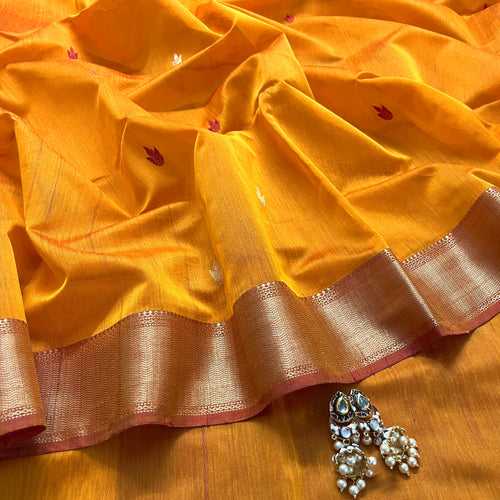 Yellow and red maheshwari saree with flower bootis all over