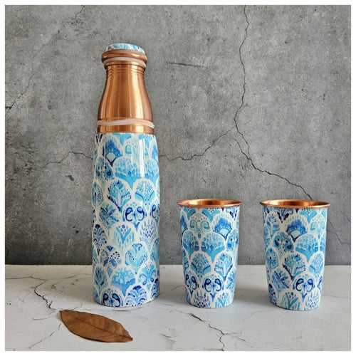 COPPER BOTTLE SET WITH 2 GLASSES, IKAT AFRICAN SKY