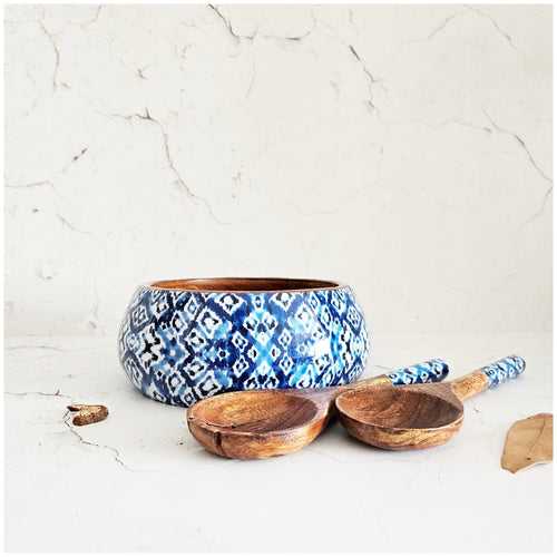 SALAD BOWL - MEDIUM - WOODEN SERVERS - IKAT SHIBORI