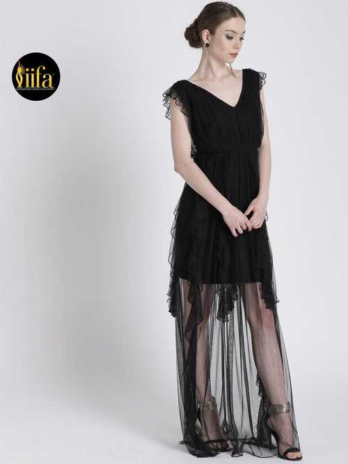 BLACK SHEER DRESS WITH RUFFLE DETAIL