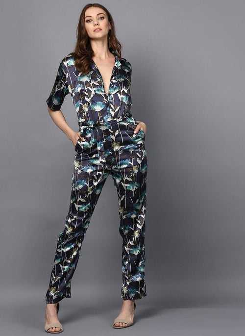 Satin Printed Jumpsuit with Front Lapel Collar