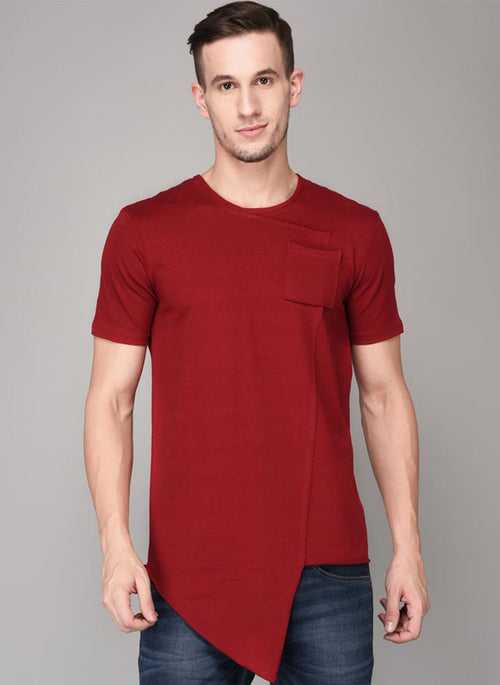 Red Round Neck T-shirt with Front pocket & Handkerchief Hem Detail