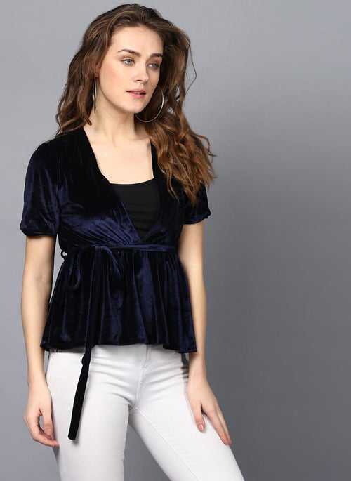 Navy Velvet V-Neck Top with Waist Belt