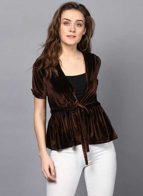 Brown Velvet V-Neck Top with Waist Belt